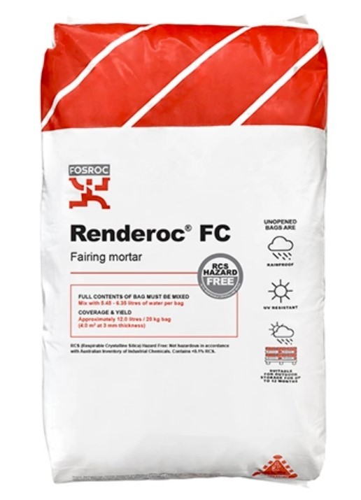 RENDEROC FC (20kg)- Single component Polymer modified for Cosmetic repair. Renderoc FC cementitious, polymer modified, fairing coat is designed for vertical and overhead use to infill honeycombing and