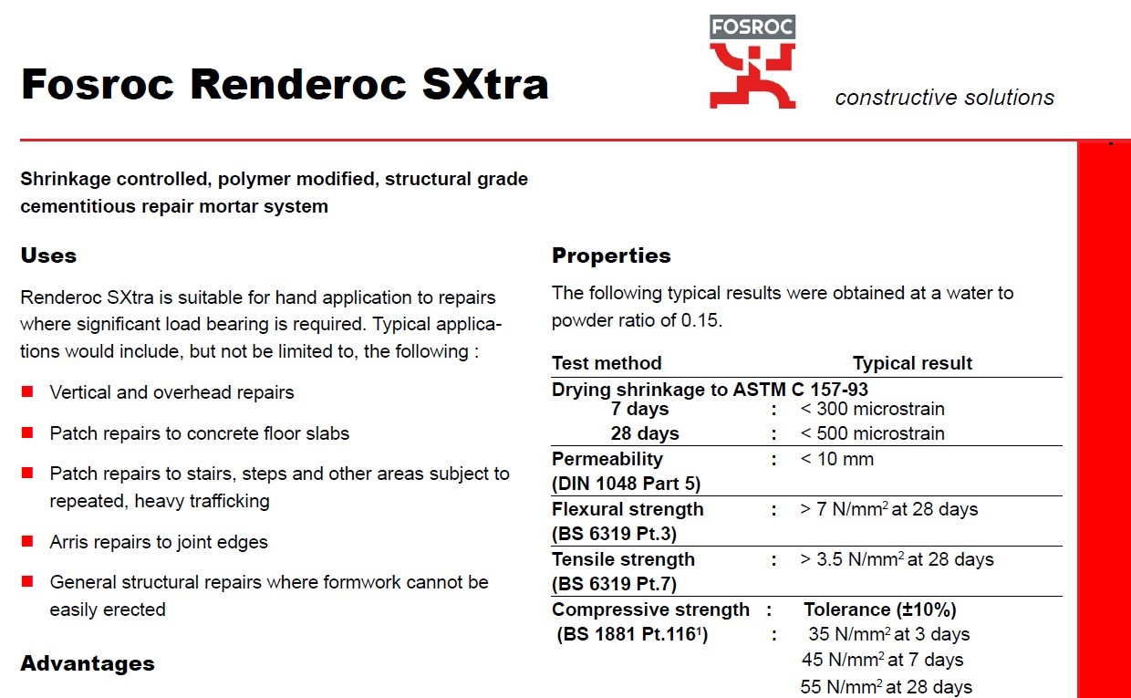 RENDEROC S XTRA (25kg)-Renderoc SXtra is supplied as a ready to use blend of dry powders, which requires only the addition of clean water to produce a highly consistent repair mortar suitable for most